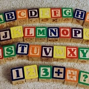 Lot Of 50 Wooden Blocks A~Z Also Some Numbers, Picture Blocks And Some Doubles